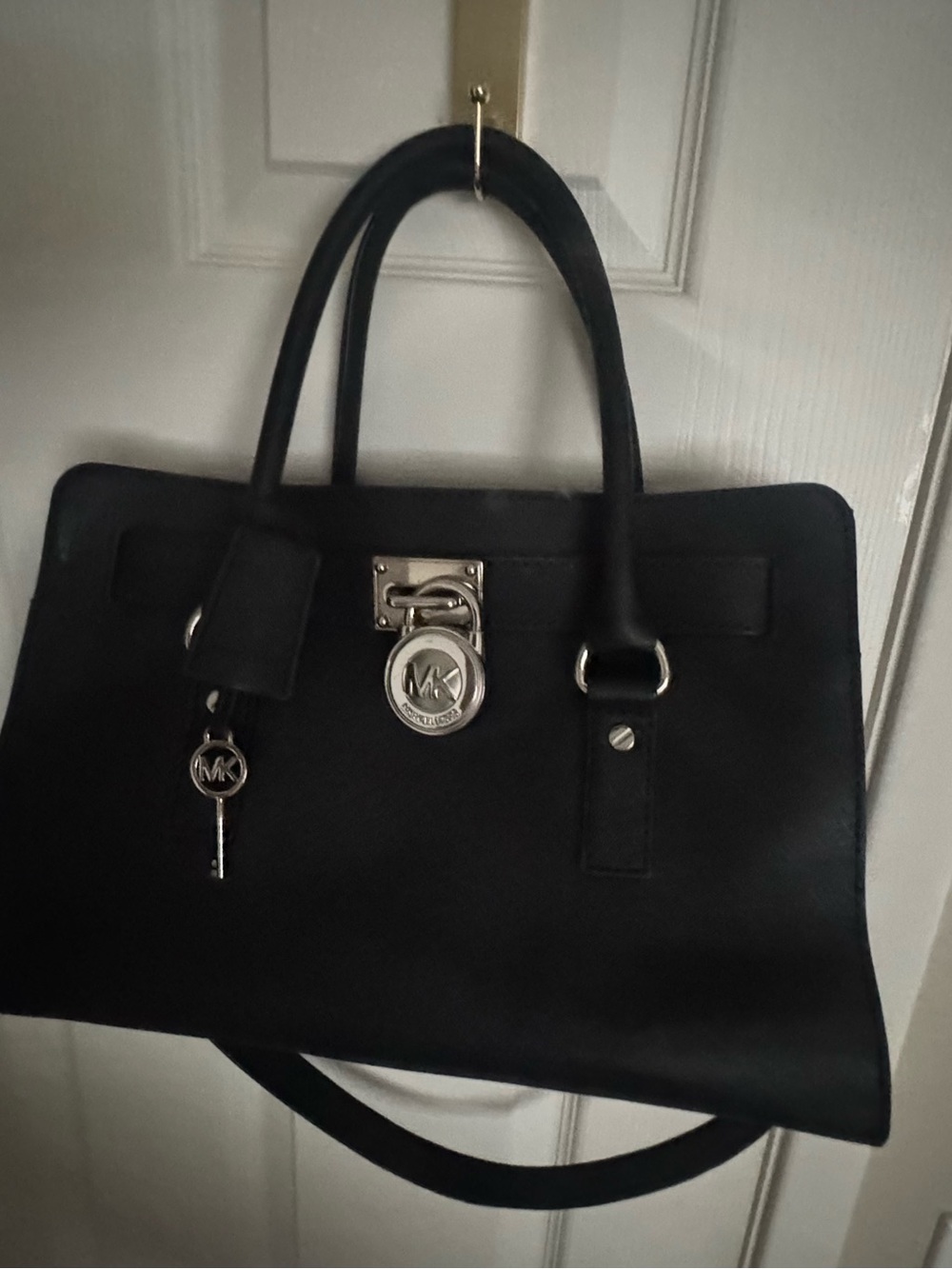 Michael Kors Black Leather Lock &Key Satchel/Tote with Silver Hardware